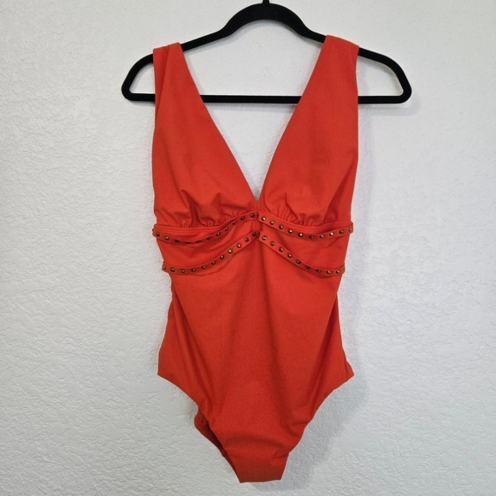 Amoressa 10 Orange Romancing Stone‎ Studded Deep V Plunge One Piece Swimsuit